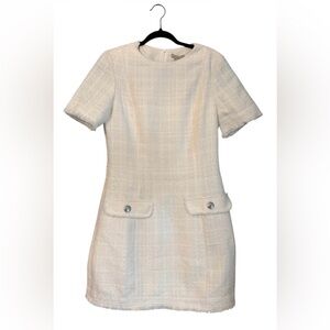 NEW H&M Bouclé Tweed Shift Dress White Fringe Hem Short Sleeve Size S